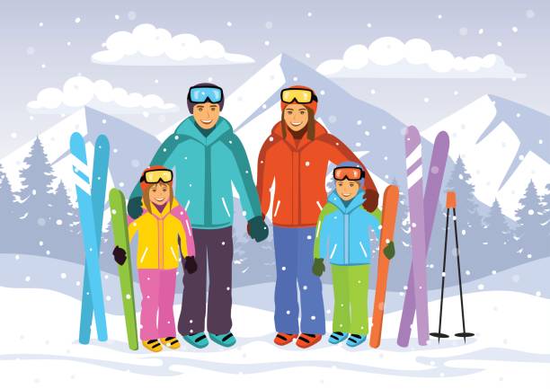 stockillustraties, clipart, cartoons en iconen met familie portret, man, vrouw, jongen, meisje skiiing in sneeuw bergen - posing with ski