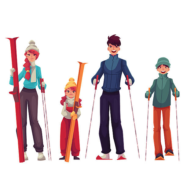 stockillustraties, clipart, cartoons en iconen met family portrait of father, mother, daughter and son with ski - posing with ski