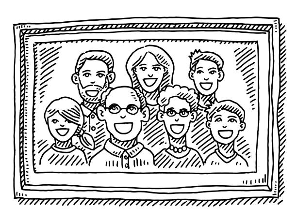 Family Portrait Picture Frame Drawing Hand-drawn vector drawing of a Family Portrait in a Picture Frame. Black-and-White sketch on a transparent background (.eps-file). Included files are EPS (v10) and Hi-Res JPG. family drawings stock illustrations