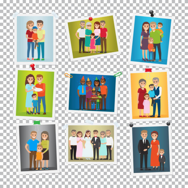 Family Portrait Set. Marriage, Birthday, Holiday. Family portrait set. Happy photos of family members. Close relationships concept. Best memories on pictures. Parenthood concept. Marriage, birthday, holiday. Several generations. Vector illustration family photos stock illustrations