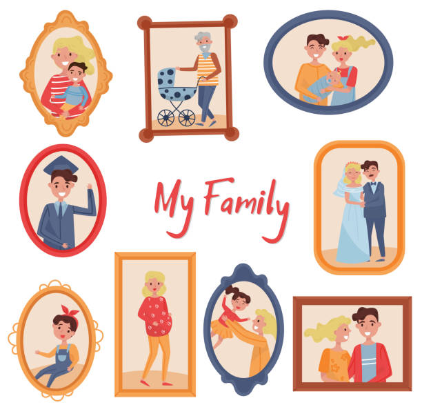 Family portraits set, photo of family members in wooden frames vector Illustrations on a white background Family portraits set, photo of family members in wooden frames vector Illustrations isolated on a white background. pregnant photos stock illustrations
