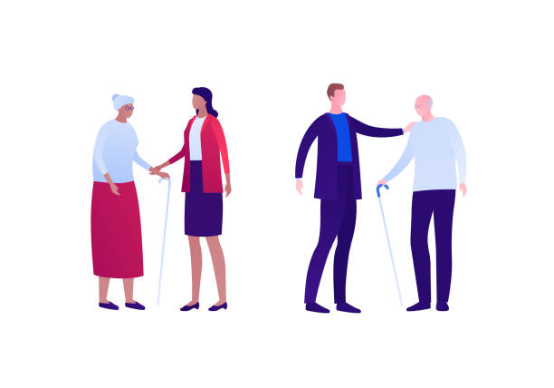 Family relationship concept. Vector flat person illustration. Female and male support their senior parent. Adult people with old parent isolated on white. Design element for banner, infographic, web. Family relationship concept. Vector flat person illustration. Female and male support their senior parent. Adult people with old parent isolated on white. Design element for banner, infographic, web. old guy holding walking stick vector illustration cartoon character stock illustrations