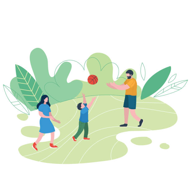 Family relaxing in nature in a beautiful urban park. Flat figures of human wolking outdoors. Family relaxing in nature in a beautiful urban park. Flat figures of human wolking outdoors. Outdoor activities drawing of family picnic stock illustrations