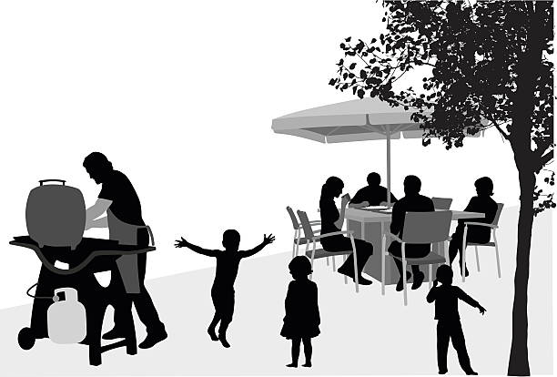 Family Reunion Barbecue A vector silhouette illustration of a backyard barbeque with a family gathered at a patio table under an umbrella with a father tending to the grill. Children play in the yard. cartoon of the family reunions stock illustrations