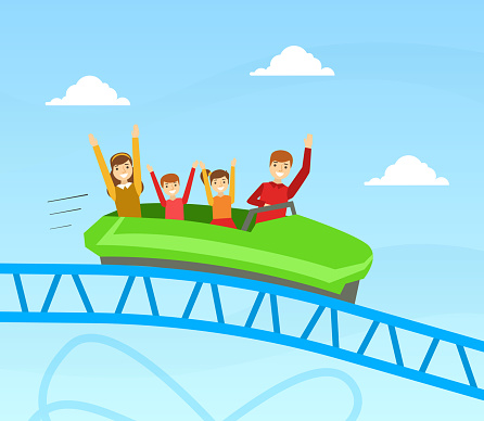Family Riding Roller Coaster Together, Happy People Having Fun in Amusement Park on Summer Holidays Cartoon Vector Illustration