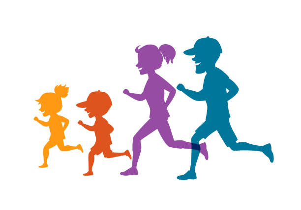 stockillustraties, clipart, cartoons en iconen met familie met joggen samen geïsoleerd illustratie kleurrijke silhouetten vectorafbeelding - hardlopen vorouw