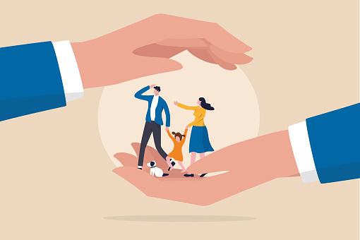 Family safety, life insurance or protection concept, lovely family holding hands, parent with daughter and cute little dog in helping hand palm with other hand cover above for shelter and protection.