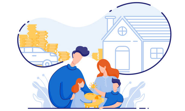 Family Saves Money Buy House and Car. Vector. Family with Children Saves Money Buy House and Car. From Poverty to Wealth. Achive Goal. Vector Illustration. Earn Money. Financial Stability. Cash Savings. Save Money. Toss Coins in Piggy Bank. wealth stock illustrations