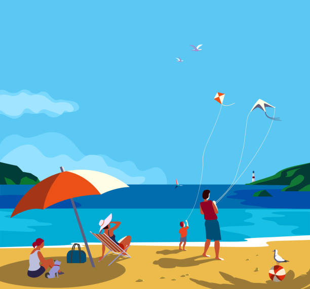 bildbanksillustrationer, clip art samt tecknat material och ikoner med familjen seaside fritid koppla - beach