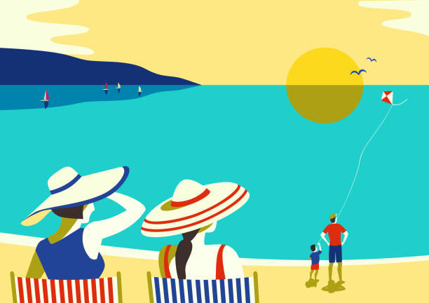 Family seaside leisure relax Family seaside leisure relax. Ocean scene view landscape. Hand drawn retro cartoon. Holiday vacation season sea travel leisure. Parents and childs sea beach recreation. Vector tourist advertisement travel backgrounds stock illustrations