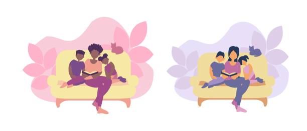 Family seeting on the sofa and mom reads book for son and daugter. Two illustrations for mother's day cards. Flat style  african american mothers day stock illustrations