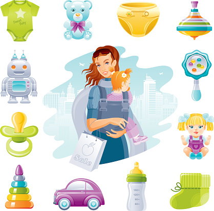 Family shopping icon set: mother, baby and child care icons