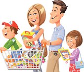 Illustration of a young family going shopping, isolated on white. The little son is standing in the shopping cart pushed by his father, the mother is carrying a box and and the daughter is reading a new book. In the shopping cart are fruits, vegetables and various household goods. EPS 10, grouped and labeled in layers.