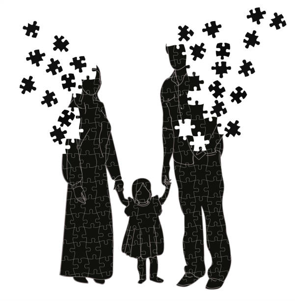 family silhouette. father, mother and child. parents break up a puzzle. conflict situations in the family. family silhouette. father, mother and child. parents break up a puzzle. conflict situations in the family. divorce silhouettes stock illustrations