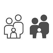 Family simple figures line and solid icon. Parents and child stand together symbol, outline style pictogram on white background. Relationship sign for mobile concept or web design. Vector graphics