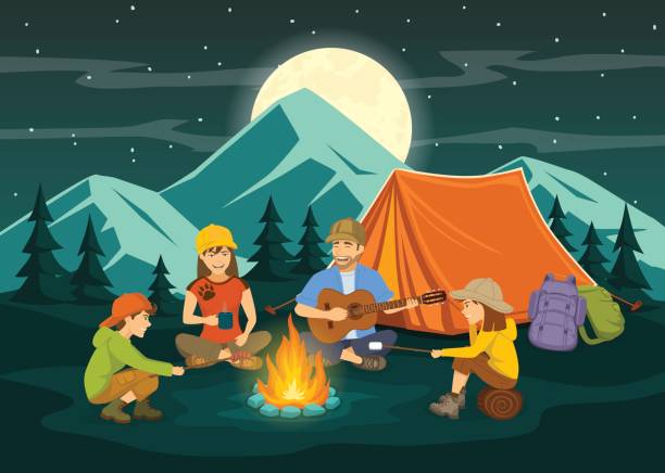 キャンプファイヤー、テントの周りに座っての家族。夜のシーン - キャンプ　イラスト点のイラスト素材／クリップアート素材／マンガ素材／アイコン素材
