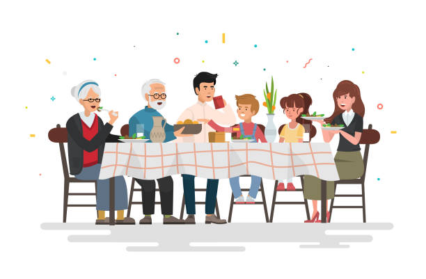 Family sitting at dining table. People eat festive food, holiday talking and family dinner reunion. Vector illustration. Vector illustration. dinner stock illustrations
