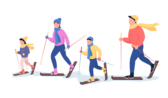 Family skiing semi flat color vector characters