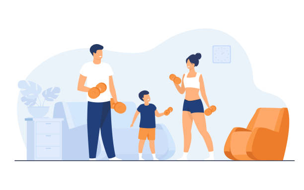 ilustrações, clipart, desenhos animados e ícones de conceito de atividade esportiva familiar - son dad workout