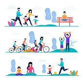 Family Sport and Outside Activity Flat Cartoon Set. Mother, Father, Son, Daughter Jogging, Cycling, Playing with Ball, Exercising with Dumbbells, Meditating or Doing Yoga Exercise. Vector Illustration