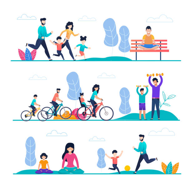 Family Sport and Outside Activity Flat Cartoon Set Family Sport and Outside Activity Flat Cartoon Set. Mother, Father, Son, Daughter Jogging, Cycling, Playing with Ball, Exercising with Dumbbells, Meditating or Doing Yoga Exercise. Vector Illustration family outdoors stock illustrations