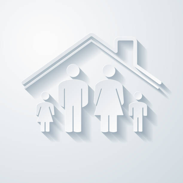 Family stay at home. Icon with paper cut effect on blank background Icon of "Family stay at home" with a realistic paper cut effect isolated on white background. Trendy paper cutout effect. Vector Illustration (EPS10, well layered and grouped). Easy to edit, manipulate, resize or colorize. Vector and Jpeg file of different sizes. family clipart stock illustrations