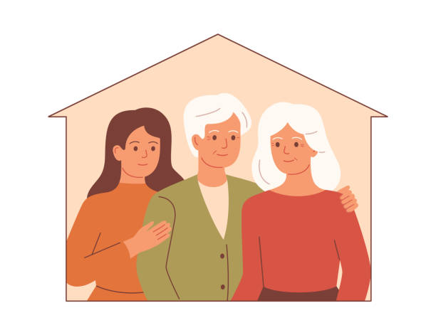 ilustrações de stock, clip art, desenhos animados e ícones de family stay at home in quarantine.elderly parents with young adult daughter embrace each other in their own house. - grandparents hug