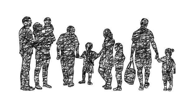 Family Thoughts Hand drawn illustration of a group of people with various family members, young and old family patterns stock illustrations