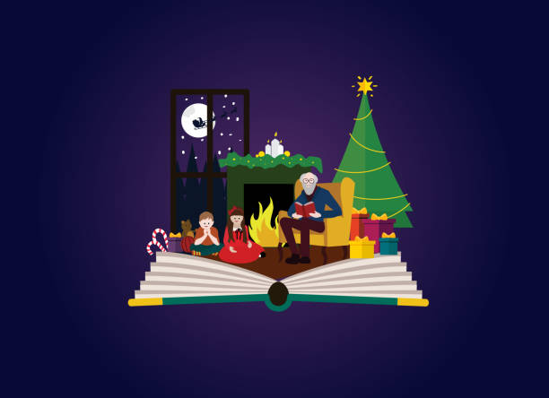 Family time at christmas. Grandpa dad reading book to children Imagination concept - granddad reading christmas story to children. Fairy tale story coming out of a book. Perfect for book shop, publishing house, school. Winter time. Book reading. Christmas family time. christmas story telling stock illustrations