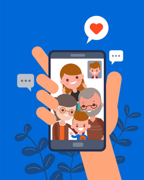 ilustrações de stock, clip art, desenhos animados e ícones de family time together illustration. man chatting with his family using video call app on smartphone. human hand hold smartphone device. flat design vector cartoon characters. - grandparents vertical