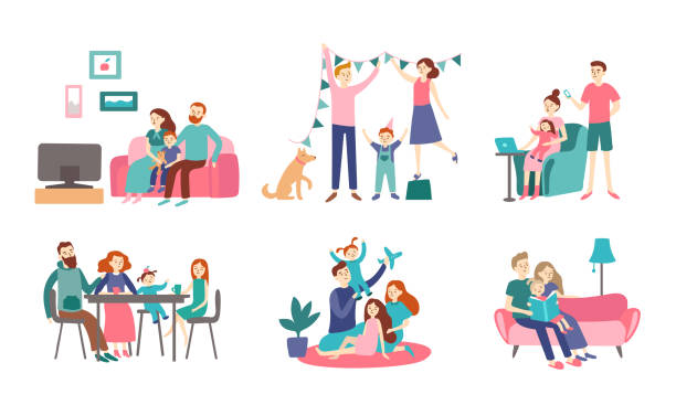 Family together at home. Young couple spend time with kids, read book and decorating house. Homeliness vector flat illustration Family together at home. Young couple spend time with kids, read book and decorating house. Homeliness family eating healthy dinner together, generations meeting vector flat isolated icon illustration family dinner stock illustrations