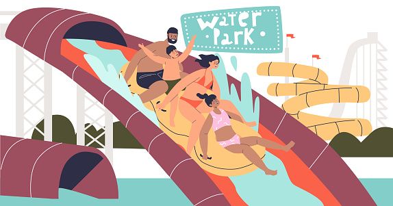 Family together in water park: happy parent and kids sliding waterslide in outdoor aqua park