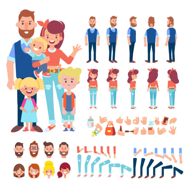 Family together. Parents. Young  man and woman, three kids. Vector cartoon characters for animation Front, side, back, 3/4 view animated characters. Young people man and woman  creation set with various views, gestures, hairstyles. Separate body parts. Cartoon style, flat vector illustration. multiple arms stock illustrations