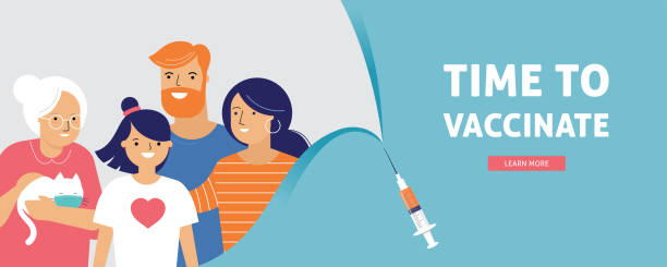 ilustraciones, imágenes clip art, dibujos animados e iconos de stock de diseño del concepto de vacunación familiar. tiempo para vacunar estandarte - jeringa con vacuna para covid-19, gripe o gripe y una familia - polio