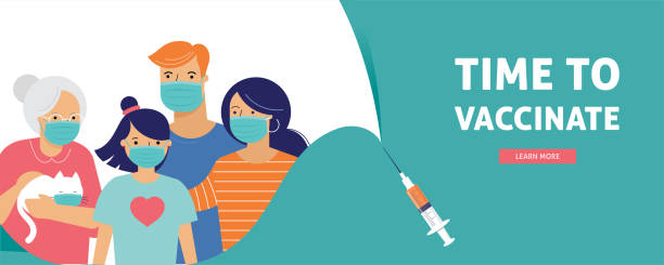 konzeptdesign für familienimpfungen. zeit, banner zu impfen - spritze mit impfstoff gegen covid-19, grippe oder grippe und eine familie - impfen stock-grafiken, -clipart, -cartoons und -symbole