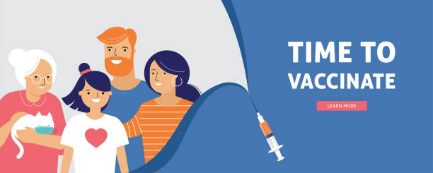 家庭疫苗接種概念設計。接種橫幅的時間 - 注射器與疫苗為covid-19，流感或流感和家庭 - polio 幅插畫檔、美工圖案、卡通及圖標