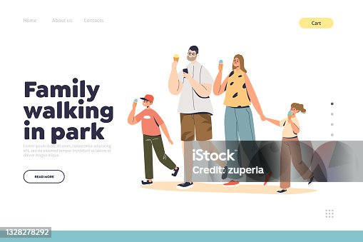 istock Family walk in park concept of landing page with parents and kids eating ice cream outdoors together 1328278292