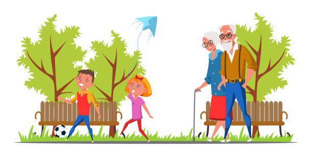Family walk in park flat vector illustration. Grandparents and...