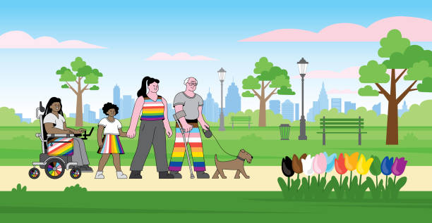 lgbtqia family walking in park - progress pride flag 幅插畫檔、美工圖案、卡通及圖標