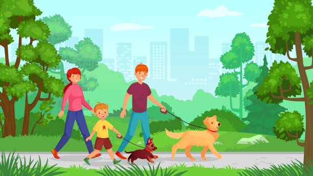 ilustraciones, imágenes clip art, dibujos animados e iconos de stock de familia caminando con perro. hombre mujer con niño ir al parque - family outdoors