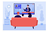 Family watching news in living room. Back view of couple and child sitting on couch at TV. Vector illustration for television, broadcasting, entertainment concepts