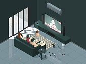 Vector Illustration of a family watching corona virus news update, on TV, in living room.