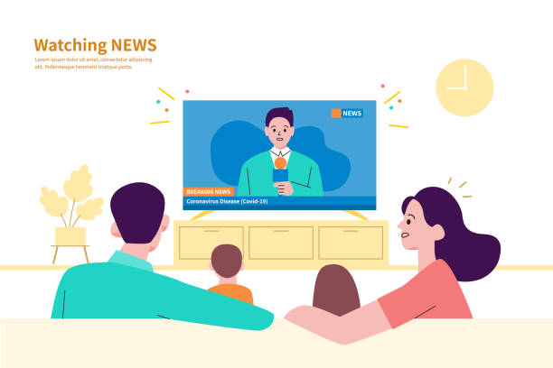 ilustrações, clipart, desenhos animados e ícones de uma família assistindo as notícias em casa. - tv
