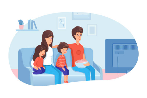 Family watching TV flat vector illustration Family watching TV flat vector illustration. Parents with kids spending evening, day off together. Mother and father with children characters sitting on sofa, eating snacks. Indoor entertainment family clipart stock illustrations