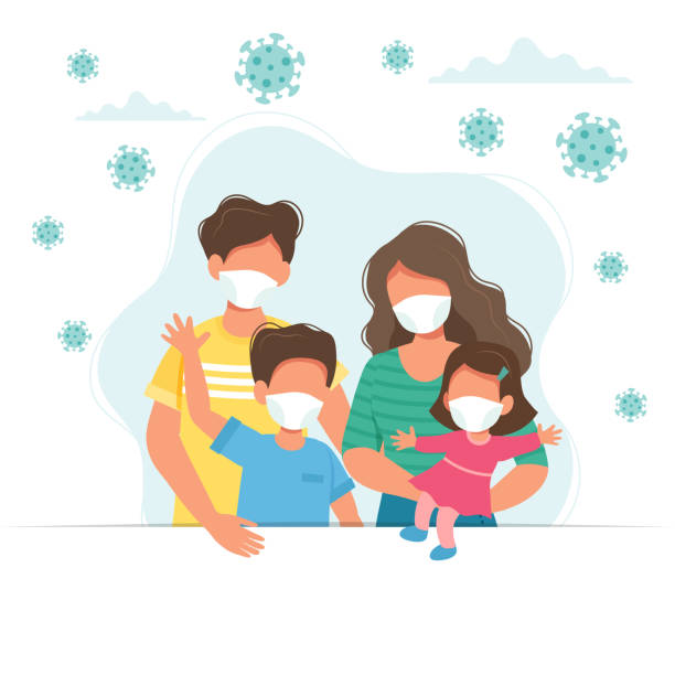 Family wearing medical masks, covid-19 virus prevention. Vector illustration in flat style Vector illustration in flat style pandemic illness stock illustrations