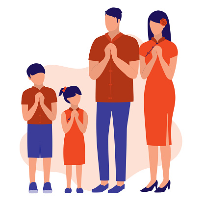 Family Wishing Chinese New Year In Fist And Palm Salute. Celebration And Festival Concept. Vector Illustration Flat Cartoon.