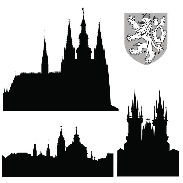Famous landmarks of Prague - vector Famous landmarks of Prague - Prague castle, church of saint Nikolas, church of Virgin Mary front Tyn and coat of arms. hradcany castle stock illustrations