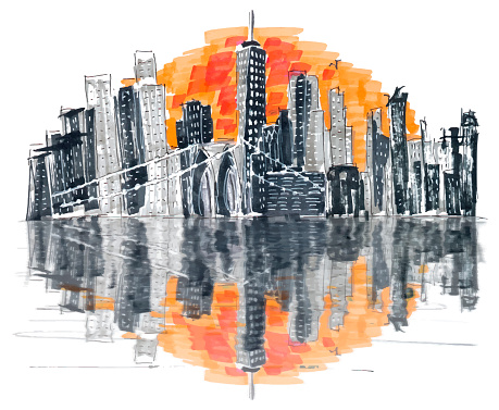 Famous Skyline of downtown New York, Brooklin Bridge and Manhattan at the early morning sun light , New York City, USA. Hand drawn marker sketch eps10 vector illustration isolated on white.