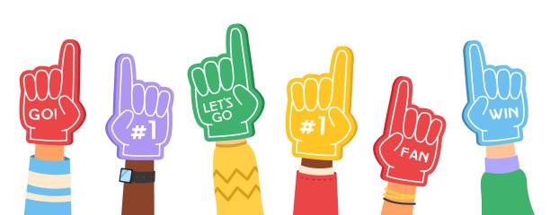 風扇泡沫手指。支援彩色平手標誌與啦啦隊員題詞，激勵最喜歡的運動隊。體育場卡通向量概念足球比賽的附件 - 運動 插圖 幅插畫檔、美工圖案、卡通及圖標