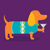 A vector illustration of a fancy dachshund wiener dog wearing an argyle sweater and holding a martini.